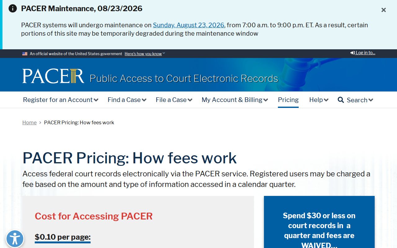 Avalon court records PACER pricing fallback