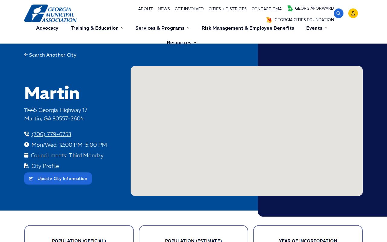Georgia Municipal Association profile for Martin showing municipal background