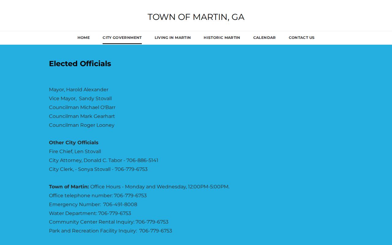 Martin town government page with clerk and Town Hall contact information