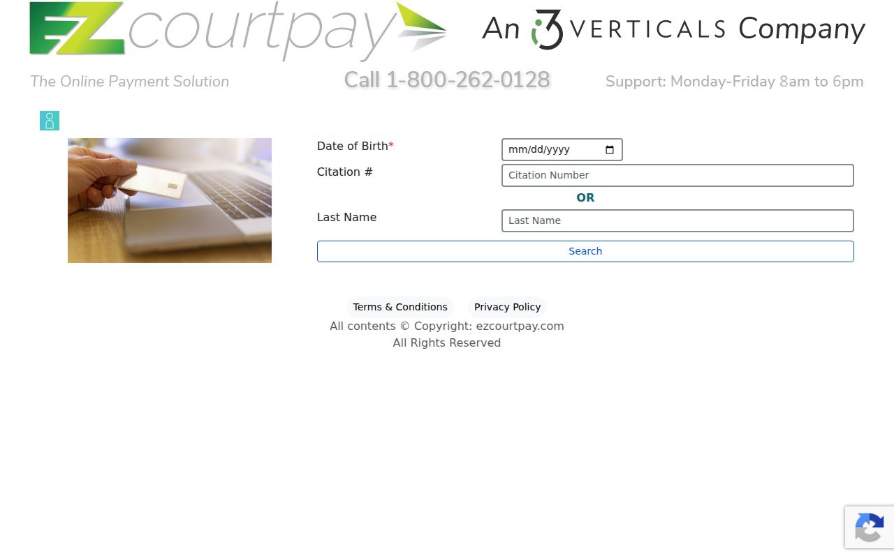 Toccoa EZ Court Pay screen with date of birth and citation lookup fields
