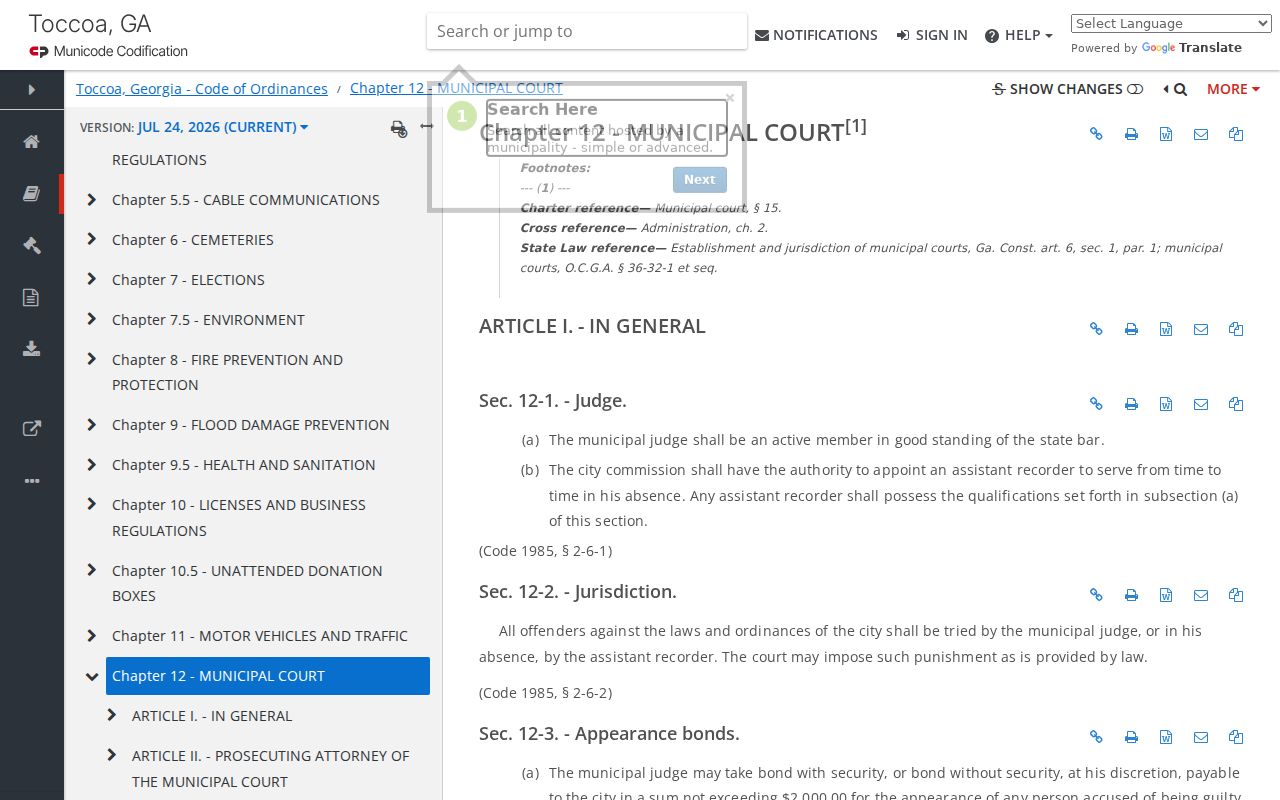 Toccoa municipal code page containing Recorder's Court fee provisions