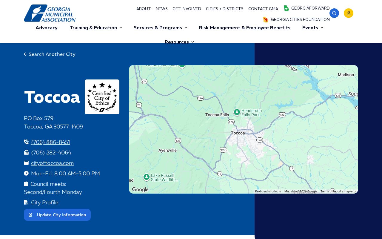 Georgia Municipal Association profile for Toccoa with municipal background