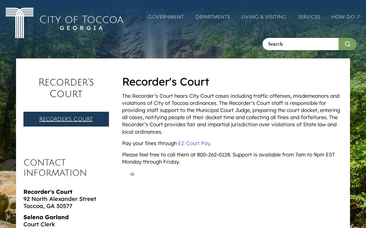 Official Toccoa Recorder's Court page with court contact and citation information